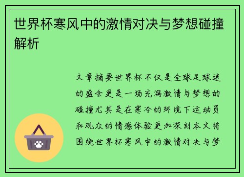 世界杯寒风中的激情对决与梦想碰撞解析