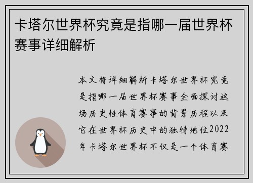 卡塔尔世界杯究竟是指哪一届世界杯赛事详细解析