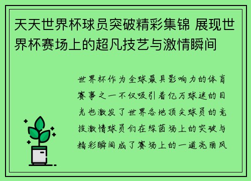 天天世界杯球员突破精彩集锦 展现世界杯赛场上的超凡技艺与激情瞬间