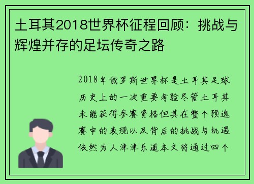 土耳其2018世界杯征程回顾：挑战与辉煌并存的足坛传奇之路